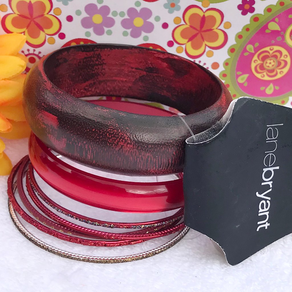 Boho Stackable Bangle Bracelet Red & Silver Set